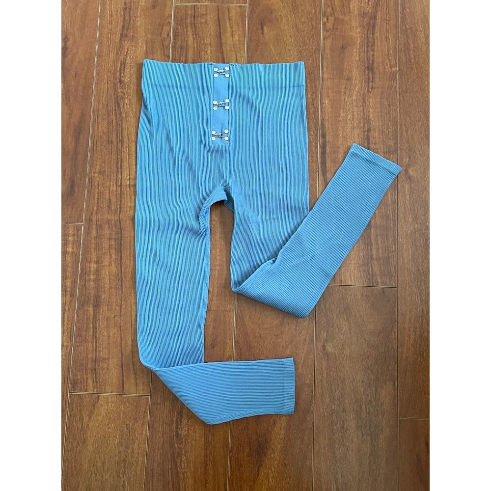 ZARA Womens Blue Ribbed High Waisted Hook Front Designs Legging Size M / L